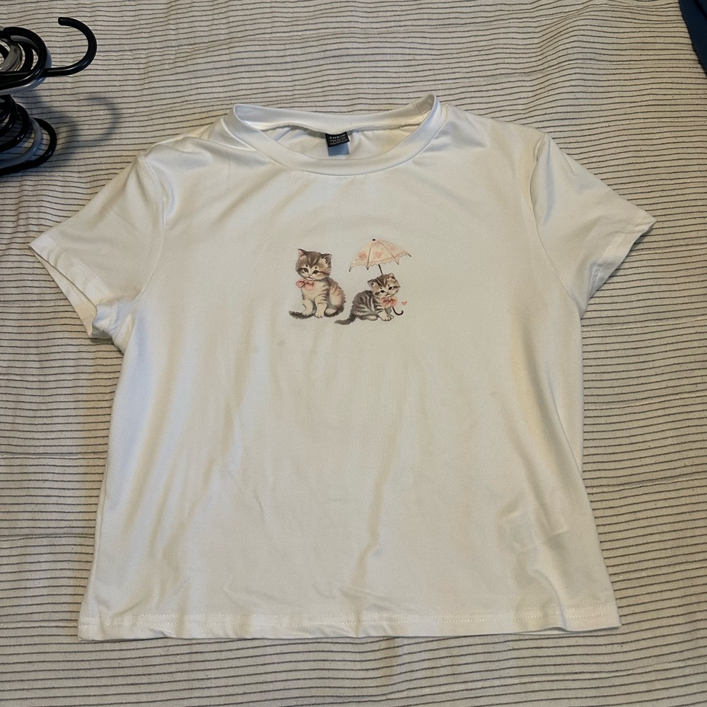 White T-Shirt with Cat Print